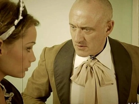 Sophie Lynx, the clumsy maid, receives corporal punishment from her master