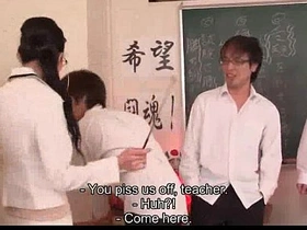 Young Asian girl receives simultaneous penetration in school classroom
